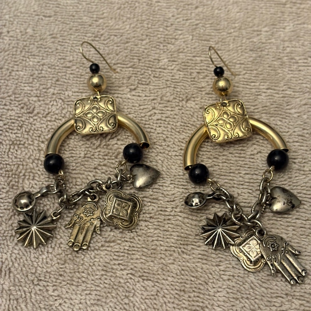 Gold-Tone Hoop Charm Earrings with Black Beads and Mixed Charms Bohemian
